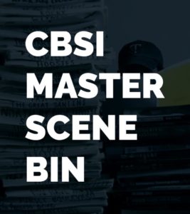 CBSI Master Scene Bin with script writter sitting behind a stack of scripts